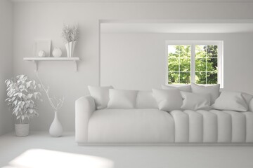 Mock up of stylish room in white color with sofa and green landscape in window. Scandinavian interior design. 3D illustration