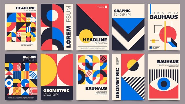 Geometric posters. Bauhaus cover templates with abstract geometry. Retro architecture minimal shapes, forms, lines and eye design vector set