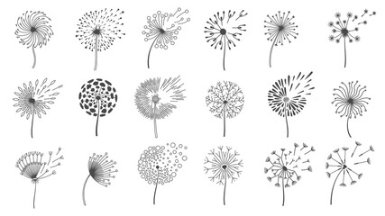 Blowing dandelion seeds. Silhouettes of fluffy wish flowers, spring blossom dandelions blown by wind. Nature floral logo design vector set