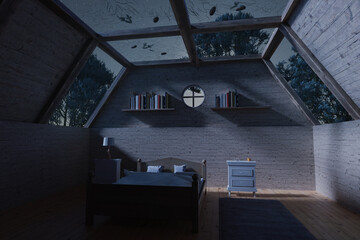 3d rendering of wooden bedroom with panoramic roof in a cabin house at night