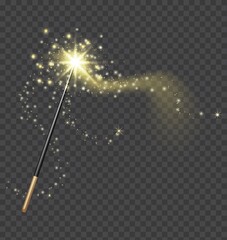 Magic wand. Realistic fairytale stick with golden sparkle trail. Fantasy glitter and shine star. Fairy wand and magical light vector concept - obrazy, fototapety, plakaty