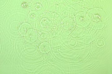 De-focused closeup of mint green transparent clear water surface texture with ripples, splashes and bubbles. Trendy abstract summer nature background. Mint colored waves in sunlight with copy space.