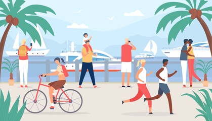 Obraz na płótnie Canvas People walk on sea quay. Family and couple tourist at vacation look at sail boats. Seaside summer travel in tropic shore flat vector concept
