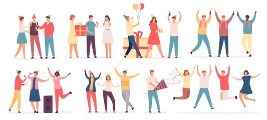 People celebrate birthday. Friend characters dance on party, sing karaoke, hold cake and gift, drink champagne. Flat celebrating vector set.