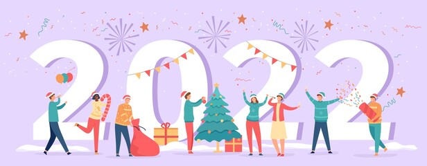 Fototapeta na wymiar Happy new year 2022. Poster with numbers and party people celebrating eve, tree, gifts and drinks. Winter holiday resolution vector banner
