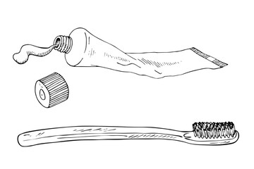 Toothpaste tube (container, squeeze or collapsible tube) and toothbrush, hand drawn doodle sketch, isolated vector illustration