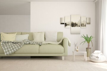White living room with sofa. Scandinavian interior design. 3D illustration