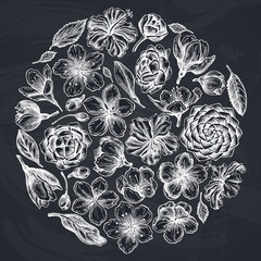 Round floral design with chalk hibiscus, plum flowers, peach flowers, sakura flowers, magnolia flowers, camellia japonica