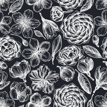 Seamless pattern with hand drawn chalk hibiscus, plum flowers, peach flowers, sakura flowers, magnolia flowers, camellia japonica