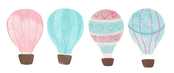 Nursery kid set of pastel illustration: hot air balloon with clouds, balloons, moon, star, heart, flag garland