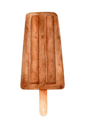Chocolate ice cream on a stick isolated on white background. Watercolor hand-drawn clipart illustration. Perfect for cards, menu, prints, decorations, covers.