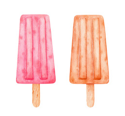 Watercolor set of ice cream on sticks. Strawberry and caramel ice pops isolated on white background. Hand-drawn clipart illustration. Perfect for cards, menu, prints, decorations, covers.
