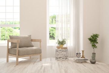 White living room with armchair and green landscape in window. Scandinavian interior design. 3D illustration