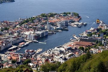 Scenic view of the Bergen city in Norway seen from a hill