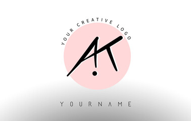 Handwritten Letters AT a t Logo with rounded lettering and pink circle background design.