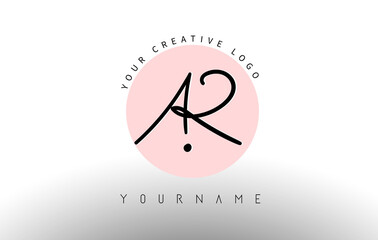 Handwritten Letters AR a r Logo with rounded lettering and pink circle background design. Creative Stamp Vector Illustration with letters A and R. 