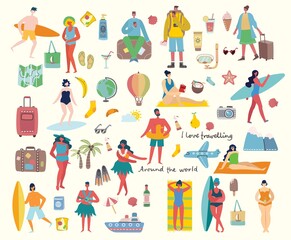 Fototapeta premium Set of different vector summer people and icons