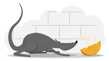 Rat and cheese. Vector illustration of a rat that sneaks up on cheese. Illustration of a rat for animation. All the details are on separate layers with names. Editable strokes.