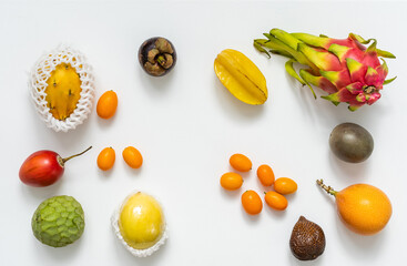 Assortment of exotic fruits isolated on white