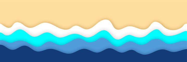 Waves of the sea and sandy beach paper cut style, 3d effect imitation Blue sea and beach bright summer abstract background geometric retro style with paper waves and seacoast banner area for text
