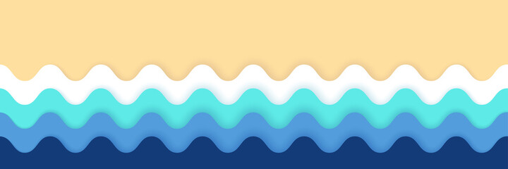 Waves of the sea and sandy beach paper cut style, 3d effect imitation Blue sea and beach bright summer abstract background geometric retro style with paper waves and seacoast banner area for text