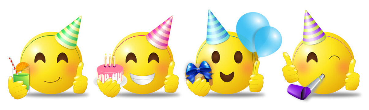 Happy Birthday emoji set with party hats, whistle, birthday cake, balloons and gift box