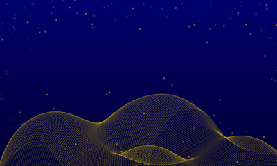Abstract golden wavy lines with blurry dot on dark blue background. Vector illustration.