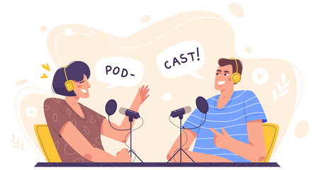 People in studio with headphones and microphones recording audio podcast or online show. Person radio host interviewing guest. Flat characters in headset with mic talking. Mass media broadcasting.