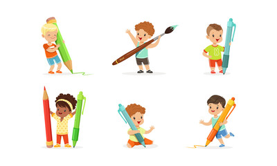 Smiling Little Boy and Girl with Big Pen, Pencil and Paintbrush Vector Set