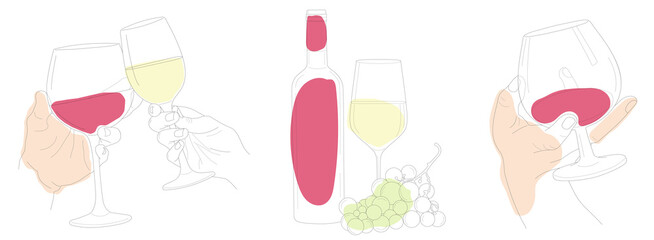 a set of linear icons with color accents, wine glasses in hand, wine in a bottle and a glass, a bunch of grapes