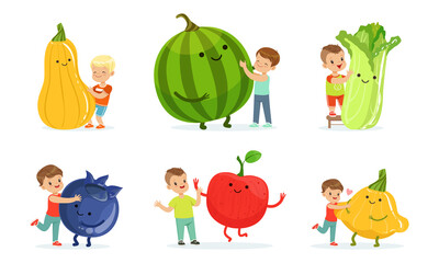 Cute Little Children Having Fun and Playing with Big Fruits and Vegetables Vector Set