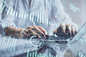 Double exposure of woman hands typing on computer and technology theme drawing. High Tech concept.