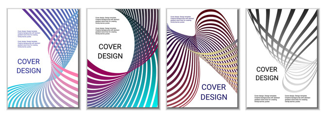 A set of 4 abstract covers. Wavy parallel gradient lines, ribbons evolve. Cover design, background. Trendy banner, poster.