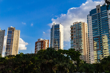 Fototapeta na wymiar Detalhes de prédios entre árvores com céu azul e algumas nuvens ao fundo.