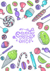 Set of sweets. Isolated on white background. Hand drawn vector illustration. Colorful candies set. Yummy colorful sweet