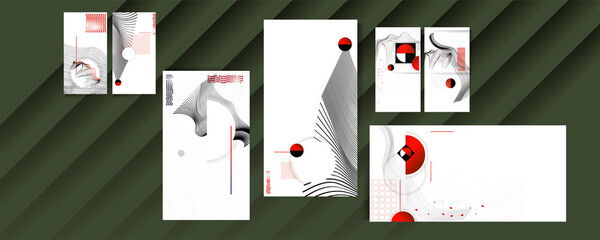 Black white red colors poster design Japanese style templates set invitations to lines abstract background. Stock illustration artwork business style