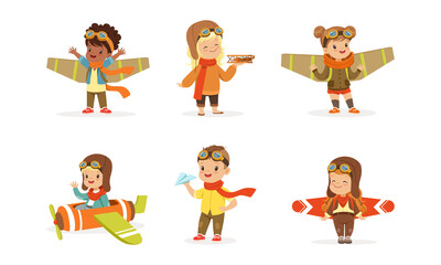 Cheerful Kids Playing Pilot with Plane and Wings Flying Vector Set