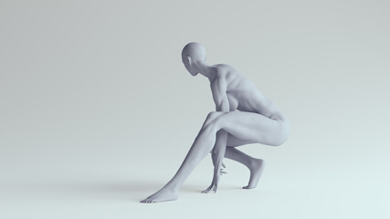 Very Tall Muscular Woman Crouching  Pose Made Out of Sticky Blue Plastic 3d illustration render