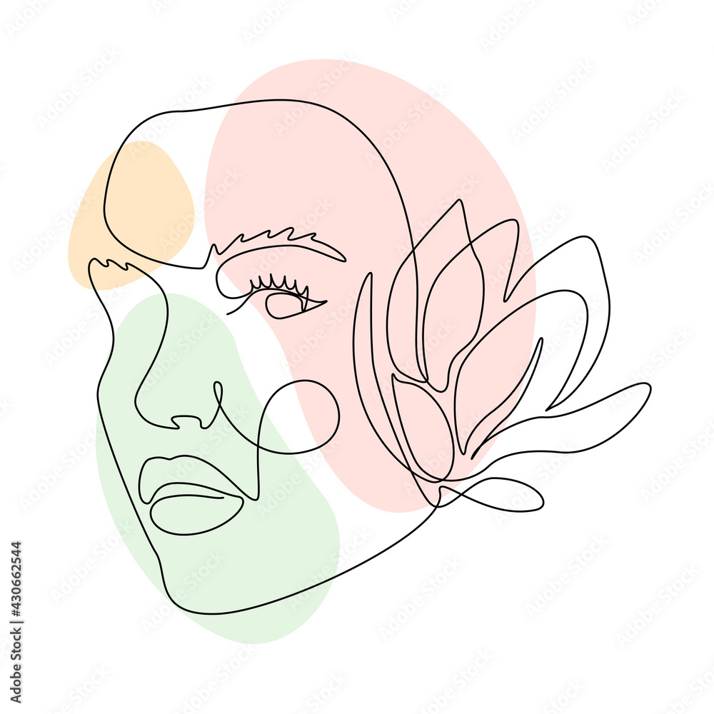 Poster woman face with magnolia flower in continuous line drawing. beautiful female portrait in lineart sty