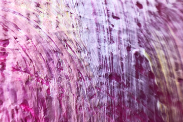 Macroimage of oil painting, magenta color, tray of painting brush, copyspace for text, creative abstract background, selective focus.