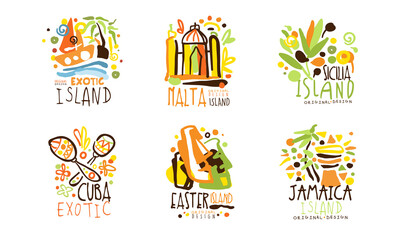 Exotic Island Original Design for Summer Beach Tourism Vector Set