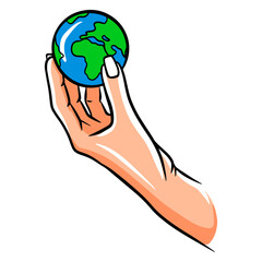 Let's protect the planet. Let's save the planet. Planet in hand. Ecology. Cartoon style.