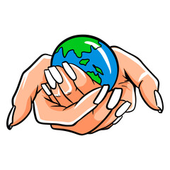 Let's protect the planet. Let's save the planet. Planet in hand. Ecology. Cartoon style.