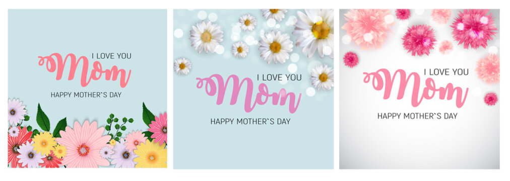 Spring and Summer flowers bright background. Happy Mother's Day poster set. Vector Illustration