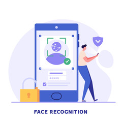 Man standing with a phone, identifies a face. Concept of facial recognition, face ID system, biometric identification. Vector Illustration in flat design for mobile app