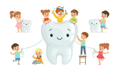 Cute Little Boy and Girl Brushing Teeth with Toothpaste and Toothbrush Vector Set