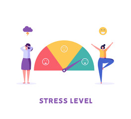 Women are on the mood scale. Concept of emotional overload, stress level, burnout, increased productivity, tiring, boring, positive, frustration employee in job. Vector illustration in flat design