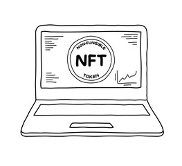 Laptop computer displaying NFT non-fungible token in hand drawn doodle sketch style. Unfilled outline only
