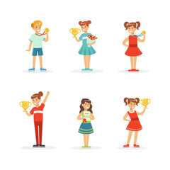 Excited Boy and Girl Winner Standing with Gold Cup and Medals as Achievement Award Vector Set