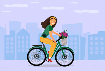 A girl riding a bike at the city with flower into the basket, health life concept,  flat vector illustration